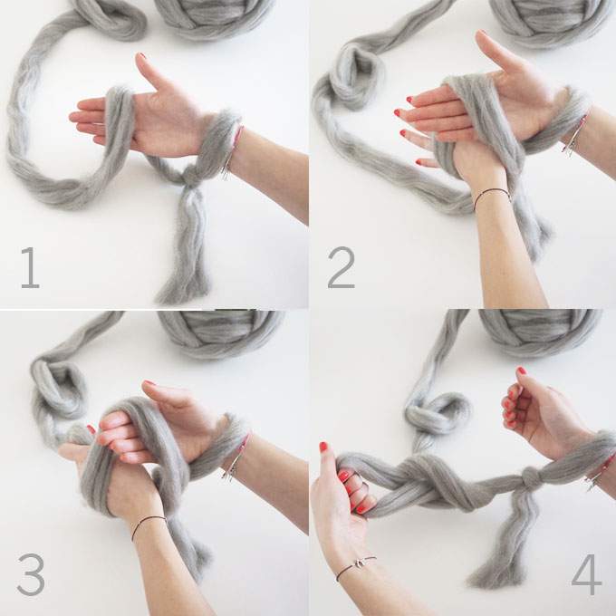 les étapes pour créer la première rangée de mailles pour tricoter un plaid avec les bras