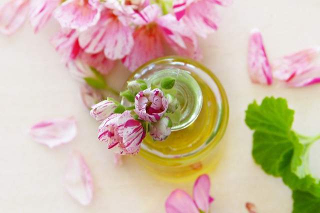 flacon d'huile avec des fleurs de géranium à faire macérer dans l'huile