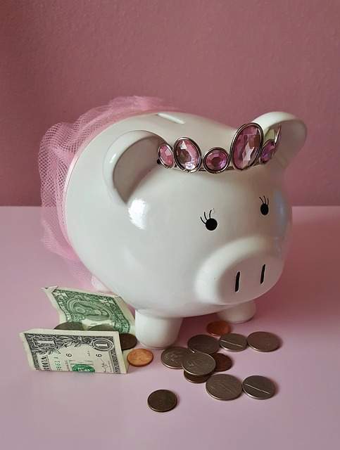 tirelire cochon avec une couronne, des billets de banque et des pièces de monnaie