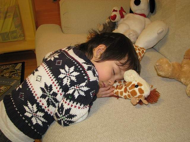 Enfant avec ses doudous qui fait la sieste dur le canapé