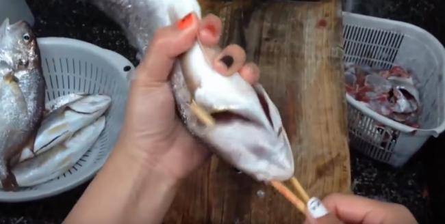vérification que la baguette chinoise passe bien au-dessus des branchies du poisson