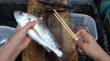 Vider un poisson à la façon asiatique en utilisant des baguettes chinoises
