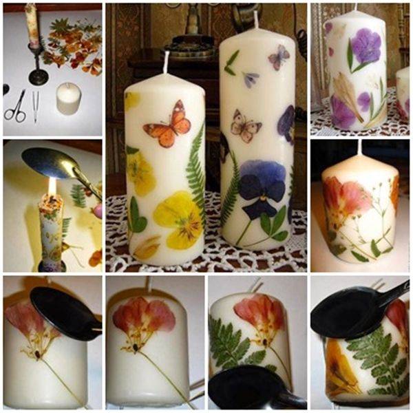 Bougies décorées avec des fleurs séchées
