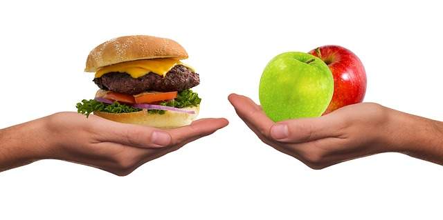 deux mains une tenant un hamburger et l'autre deux pommes