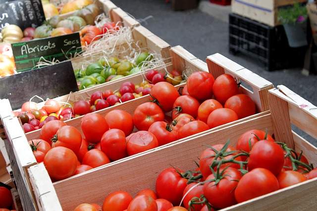 caisses de tomates sur un marché en été