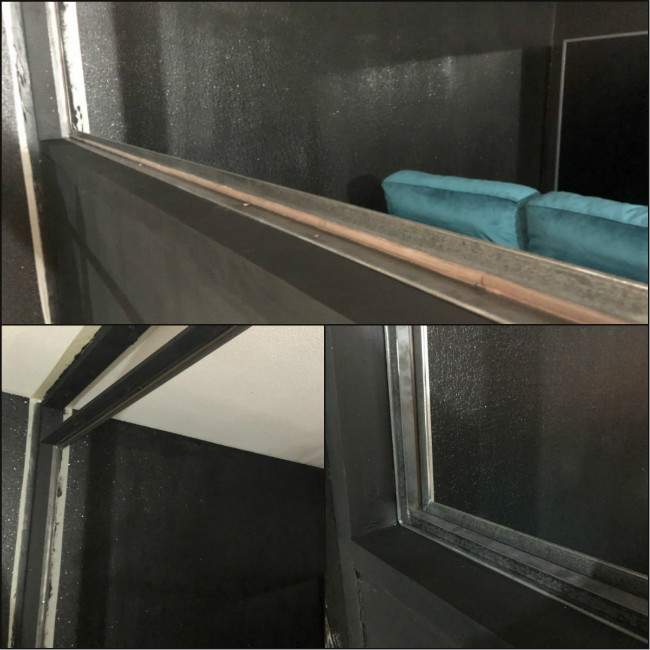 coffrage pour fixer le cadre en fer forgé de la vitre de la séparation entre cuisine et salon