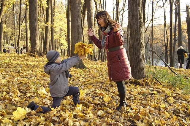 enfant qui offre des feuilles mortes à sa maman