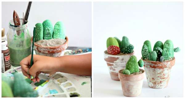 Faux cactus avec des galets peints