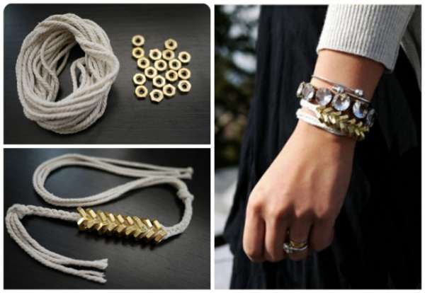 Un beau bracelet tendance avec de la ficelle et des écrous dorés