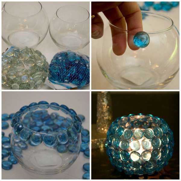 Centre de table bougeoir avec une coupelle décorée de perles de verre