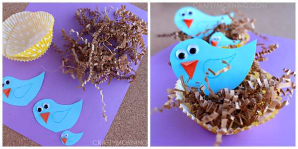 Petits nids d'oiseaux en papier et caissettes de cupcakes