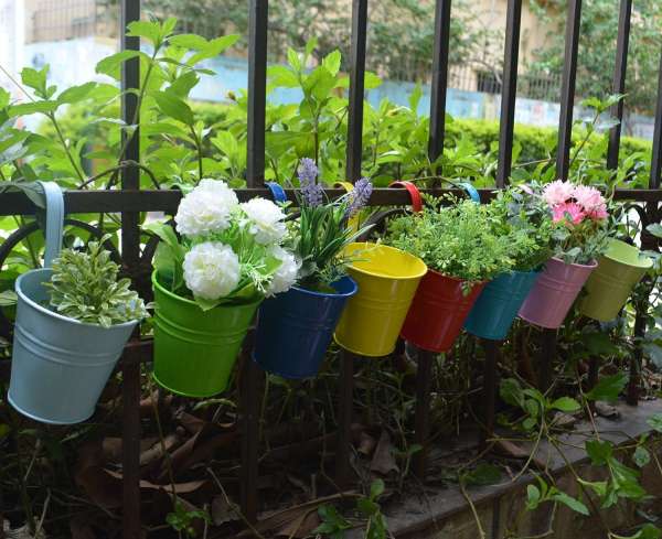 Pots de fleurs avec des seaux multicolores