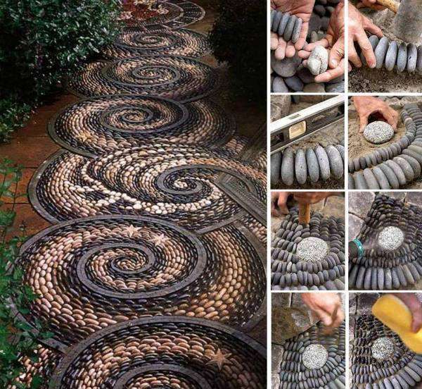 Allée de jardin avec une mosaïque de galets en spirale