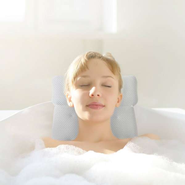 Oreiller de bain confort qui se fixe avec des ventouses et sèche rapidement