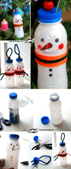 Bonhommes de neige avec des bouteilles de yaourt à boire