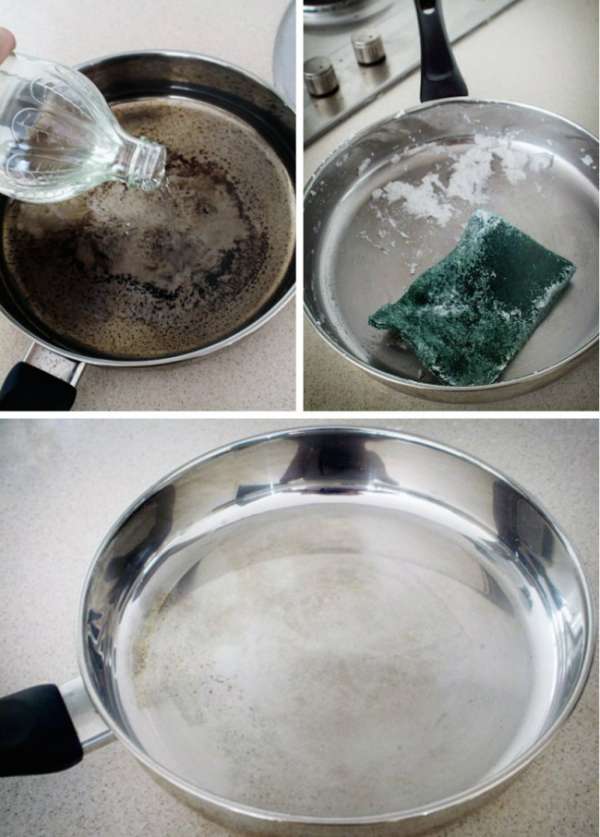 Lavez une poêle brûlée avec du vinaigre blanc et du bicarbonate de soude