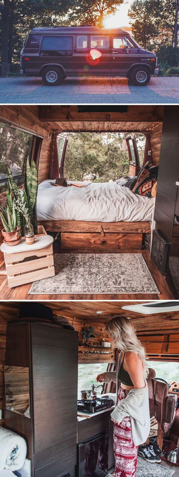 Un van transformé en une chambre en bois, confortable et écologique