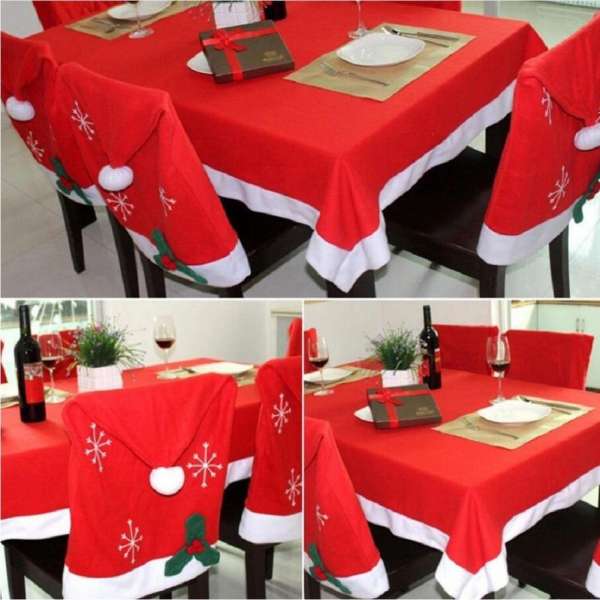 Une nappe et des housses de dossier de chaises aux couleurs du Père Noël