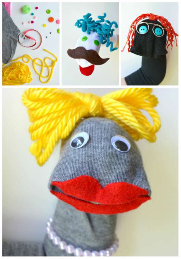 Marionnettes fabriquées à partir de chaussettes, boutons, tissus et fils de laine