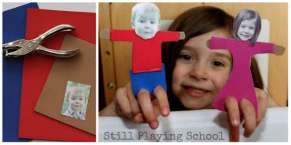 Marionnettes en carton personnalisées avec les photos des membres de la famille