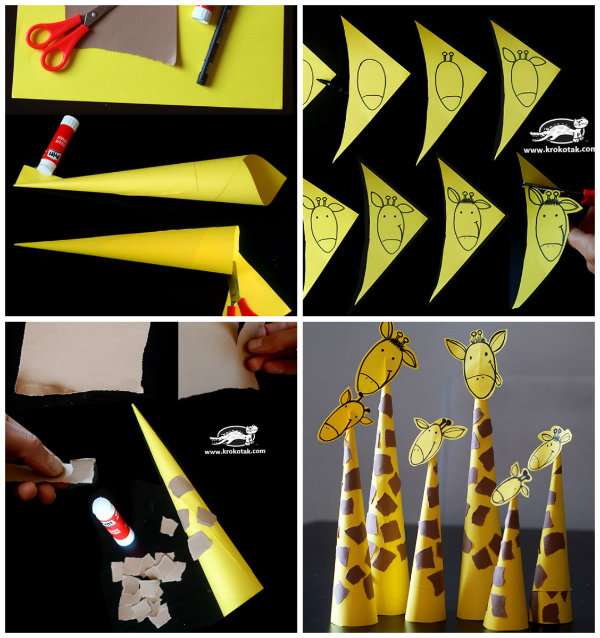 Girafes avec des cônes en papier