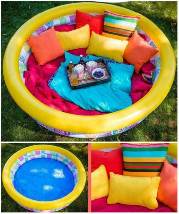 Un coin détente pour les enfants avec une piscine gonflable et des coussins