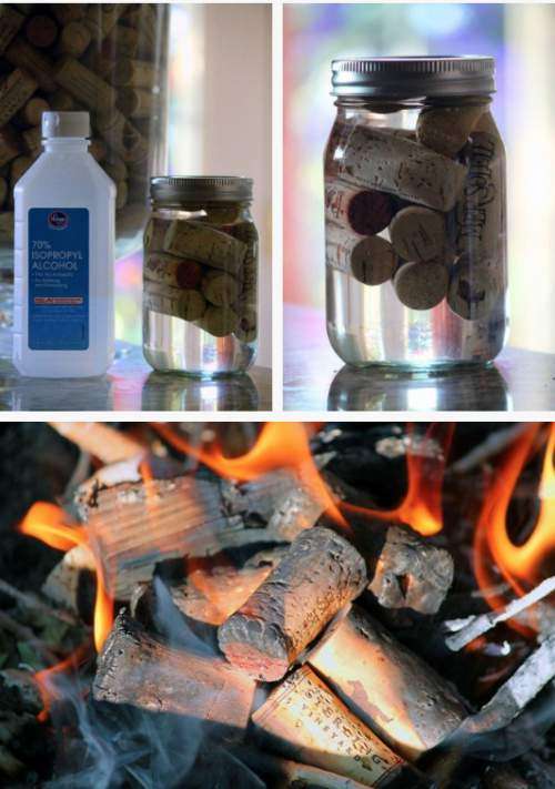 Allume feu pour le barbecue ou la cheminée avec des bouchons de liège trempés dans de l'alcool à brûler