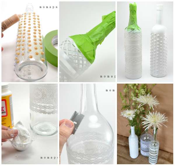 Des bouteilles transformées en vases dentelle