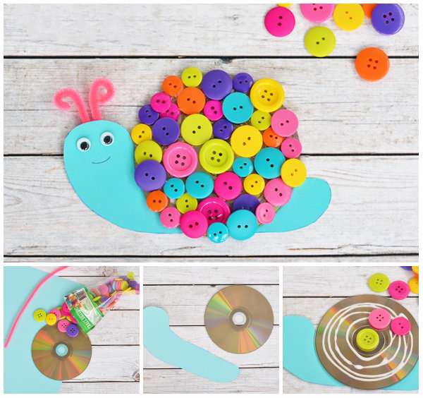Escargot rigolo avec un CD et des boutons multicolores
