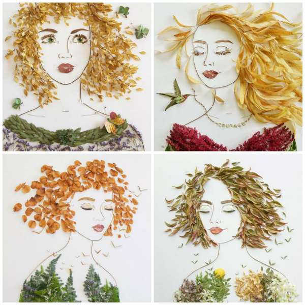Jolis portraits de femmes faits de feuilles séchées