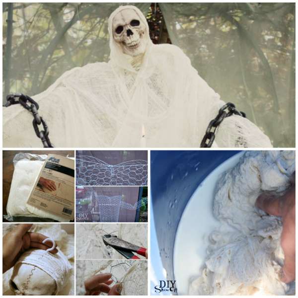 Créez un fantôme effrayant pour Halloween avec un faux crâne, du grillage à poule et de la gaze