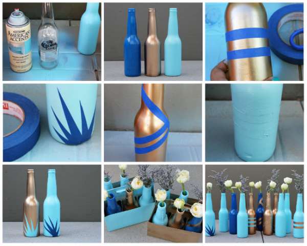 De jolis vases avec des bouteilles en verre de récupération