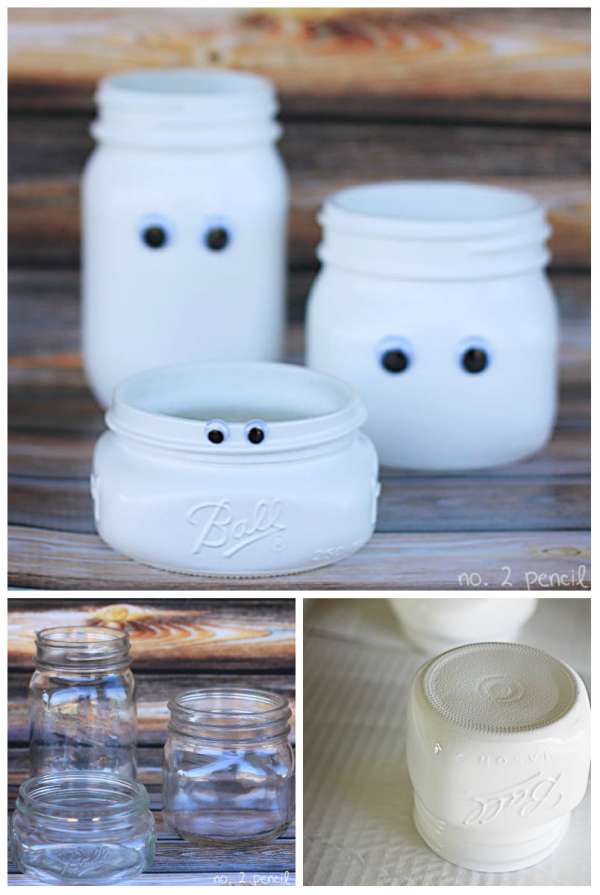 Des pots peints en fantômes avec des yeux mobiles pour être dans le thème d'Halloween