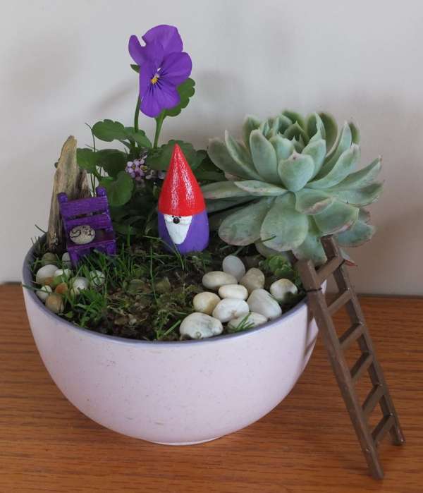 Un mini-jardin avec une pensée et un gnome