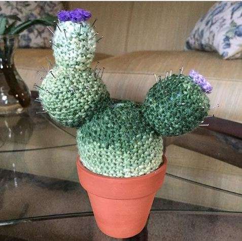 Un cactus en crochet avec des épingles en guise d'épines