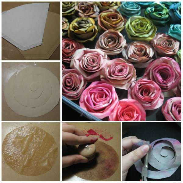 Roses avec du filtre à café colorées avec de l'encre