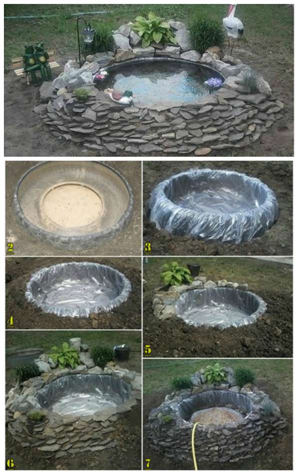 Jardin d'eau avec un pneu et des pierres
