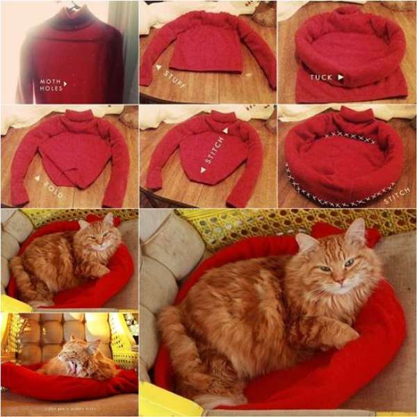Un pull reconverti en lit pour chat ou chien