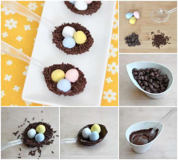Cuillères nids d'oiseaux en chocolat pour Pâques