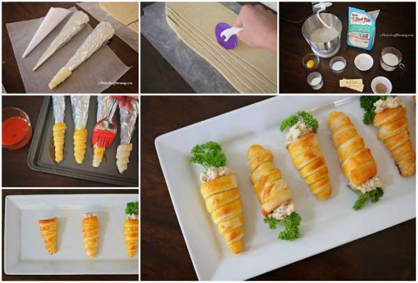 Cônes de pâte feuilletée en forme de carotte avec salade de poulet