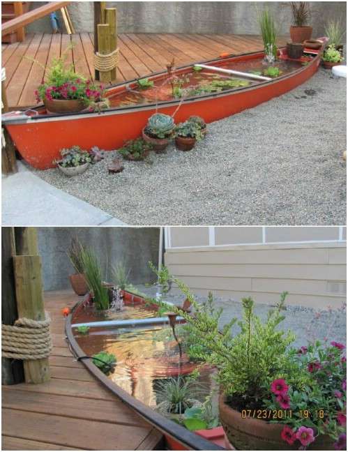 Jardin aquatique avec un vieux canoe