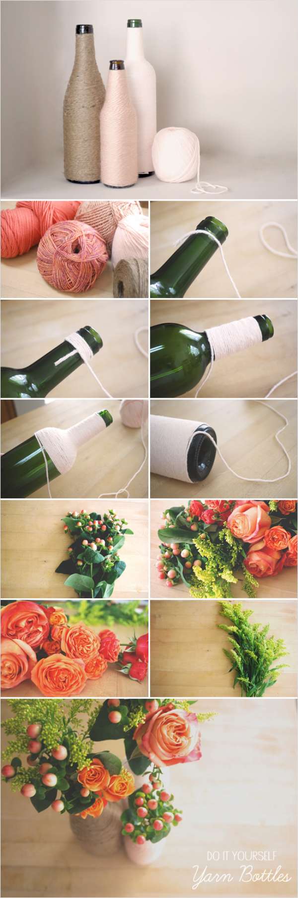 Vases à fleurs avec des bouteilles en verre décorées de fils