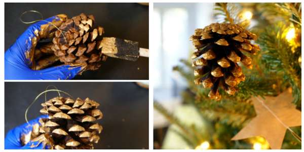 Pommes de pin dorées pour décorer le sapin