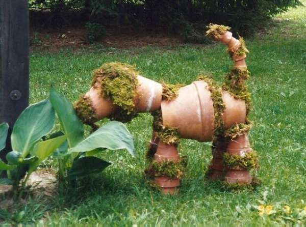 Chien en pots de fleurs