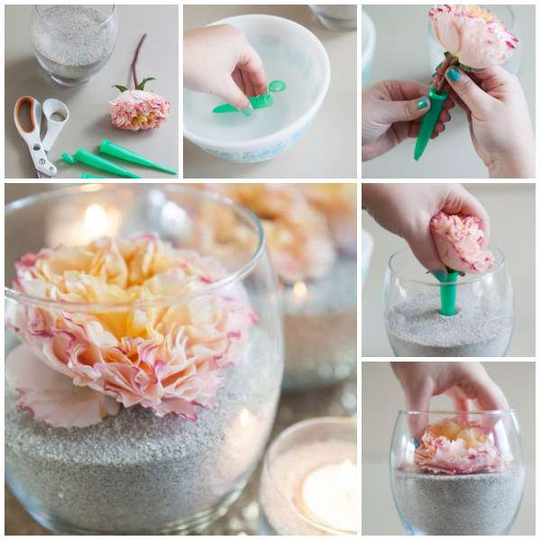 Décoration de table sable et fleurs