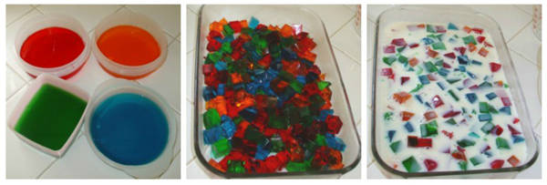 étapes de la préparation d'un gâteau de pierres précieuses en gélatine