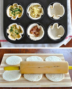 Préparation de mini quiches de pain de mie dans des moules à muffins