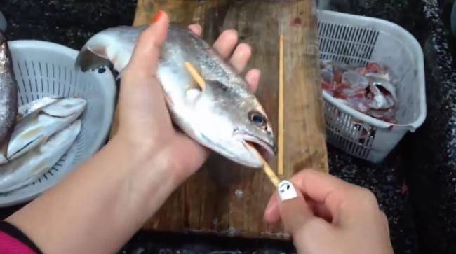 insertion d'une baguette chinoise dans le poisson