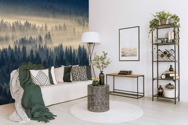 papier peint panoramique paysage montagnes et forêt