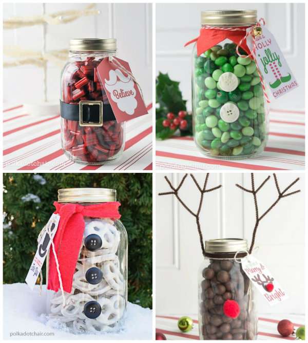 Pots de verre remplis de chocolats et décorés pour Noel